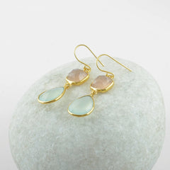 Drop Dangle Chalcedony Bezel Earrings, Chalcedony Cushion, Pear Gemstone Earring, Gold Plated Sterling Silver Hook Earring, Delicate Earring