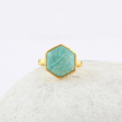 Natural Amazonite 12x12 mm Hexagon Cabochon Gemstone Ring, 925 Sterling Silver Yellow Gold Plated Ring, Solitaire Ring, Engagement Gift Ring