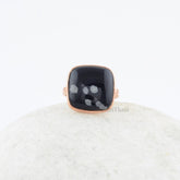 Obsidian Ring - Snowflake Gemstone Ring - 925 Solid Silver Ring - Rose Gold Ring - Ring For Women - Gift for Her - Boho Ring - 12mm Cushion