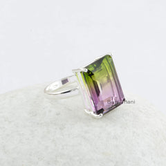 Tourmaline Bi Doublet 12x16mm Rectangle Sterling Silver Prong Set Ring, Handmade Gemstone Sterling Silver Ring