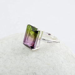 Tourmaline Bi Doublet 12x16mm Rectangle Sterling Silver Prong Set Ring, Handmade Gemstone Sterling Silver Ring