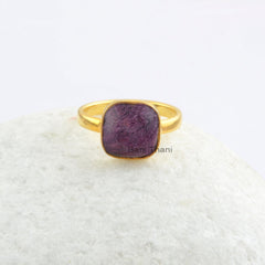 Purpurite Ring, Purpurite 10mm Smooth Cushion Gemstone Ring, Micron Gold Plated Stacking Ring, 925 Sterling Silver Bezel Ring Gift For Women