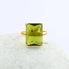 Beautiful Peridot Quartz Rectangle Gemstone Prong Set Ring - 925 Sterling Silver Gold Plated Ring - Birthday Gift Ring - Christmas Gift Ring
