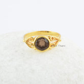 Smoky Quartz Ring-Round Stone Ring-Faceted Ring-Gold Plated Sterling Silver Ring-Gift for St.Patric's Day Jewelry-Ring for St. Patric's day