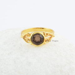 Smoky Quartz Ring-Round Stone Ring-Faceted Ring-Gold Plated Sterling Silver Ring-Gift for St.Patric's Day Jewelry-Ring for St. Patric's day