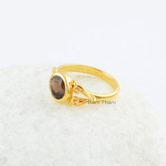 Smoky Quartz Ring-Round Stone Ring-Faceted Ring-Gold Plated Sterling Silver Ring-Gift for St.Patric's Day Jewelry-Ring for St. Patric's day