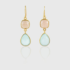 Drop Dangle Chalcedony Bezel Earrings, Chalcedony Cushion, Pear Gemstone Earring, Gold Plated Sterling Silver Hook Earring, Delicate Earring