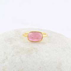 Pink Tourmaline Quartz - Handmade Ring - Gold Plated Ring - 925 Solid Silver Ring - Anniversary Gift for Women - Gift for Her - Dainty Ring
