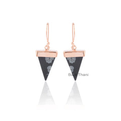 Unique Snowflake Obsidian 13x18mm Flat Triangle Gemstone Drop Earrings, Sterling Silver Rose Gold Plated Earrings, Halloween Gift Earrings