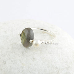 Labradorite Pearl Gemstone Silver Ring - Handmade Oval Ring - 925 Sterling Silver Ring for Anniversary - Valentines Gift Ring - Gift for Her