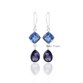 Sapphire Quartz Buff Top Cushion and Amethyst Quartz Gemstone Dangle Earrings - 925 Sterling Silver Drop Earring - Christmas Gift Jewelry