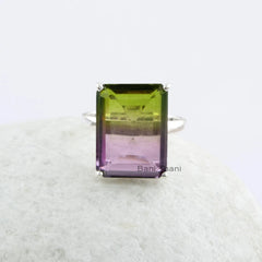 Tourmaline Bi Doublet 12x16mm Rectangle Sterling Silver Prong Set Ring, Handmade Gemstone Sterling Silver Ring