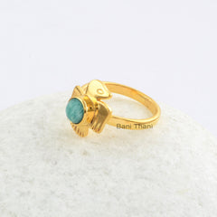 Designer Bird Ring, Amazonite 5x5mm Round Gemstone Ring, Sterling Silver 18k Gold Plated Ring, Present for Her, Handmade Ring, Promise Ring