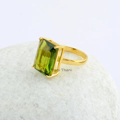 Beautiful Peridot Quartz Rectangle Gemstone Prong Set Ring - 925 Sterling Silver Gold Plated Ring - Birthday Gift Ring - Christmas Gift Ring