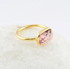 Pink Quartz Rectangle 7x11mm Gemstone Ring- Gold Plated Ring-925 Sterling Silver Ring-Bezel Ring-Gift Ring, Christmas Gift, Engagement Gift