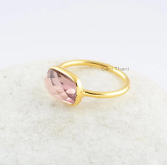 Pink Quartz Rectangle 7x11mm Gemstone Ring- Gold Plated Ring-925 Sterling Silver Ring-Bezel Ring-Gift Ring, Christmas Gift, Engagement Gift