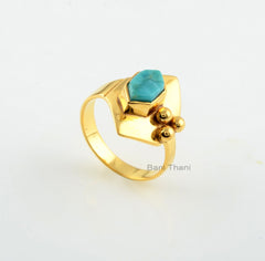 Arizona Turquoise Hexagon 5x9mm Gemstone Ring-Handmade Ring-18k Gold Plated Sterling Silver Ring-Christmas Gift Ring-Anniversary Gift Ring