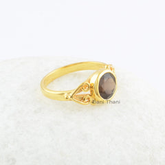 Smoky Quartz Ring-Round Stone Ring-Faceted Ring-Gold Plated Sterling Silver Ring-Gift for St.Patric's Day Jewelry-Ring for St. Patric's day