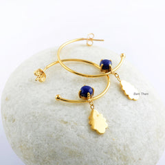 Hoop Earrings-Lapis Lazuli Round 6mm Gemstone Earrings-Handmade Earrings-Micron Gold Plated 925 Sterling Silver Drop Earrings-Christmas Gift