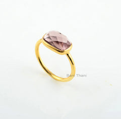 Pink Quartz Rectangle 7x11mm Gemstone Ring- Gold Plated Ring-925 Sterling Silver Ring-Bezel Ring-Gift Ring, Christmas Gift, Engagement Gift