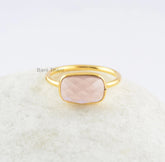 Pink Quartz Rectangle 7x11mm Gemstone Ring- Gold Plated Ring-925 Sterling Silver Ring-Bezel Ring-Gift Ring, Christmas Gift, Engagement Gift