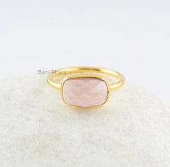 Pink Quartz Rectangle 7x11mm Gemstone Ring- Gold Plated Ring-925 Sterling Silver Ring-Bezel Ring-Gift Ring, Christmas Gift, Engagement Gift