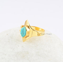 Arizona Turquoise Hexagon 5x9mm Gemstone Ring-Handmade Ring-18k Gold Plated Sterling Silver Ring-Christmas Gift Ring-Anniversary Gift Ring