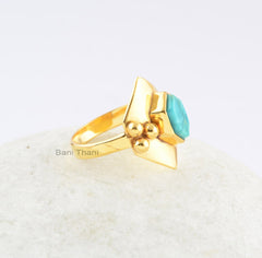 Arizona Turquoise Hexagon 5x9mm Gemstone Ring-Handmade Ring-18k Gold Plated Sterling Silver Ring-Christmas Gift Ring-Anniversary Gift Ring