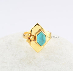 Arizona Turquoise Hexagon 5x9mm Gemstone Ring-Handmade Ring-18k Gold Plated Sterling Silver Ring-Christmas Gift Ring-Anniversary Gift Ring