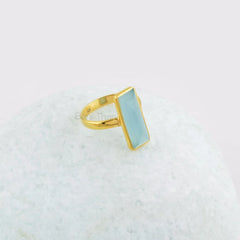 Blue Chalcedony Ring - 925 Sterling Silver - 6x18mm Handmade Ring - Gold Plated Ring - Artisan Jewelry - Jewelry for Date - Gift for New Mom