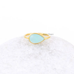 Blue Chalcedony 8x12mm Pear Gemstone Ring for Women - Gold Plated Ring - Solid 925 Sterling Silver Christmas Gift Ring - Wedding Gift Rings