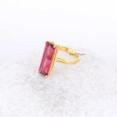Pink Tourmaline Baguette 6x18mm Gemstone Ring-Tourmaline Ring-Micron Gold Plated Ring-Sterling Silver Ring-Boho Jewelry-Christmas Gift Ring