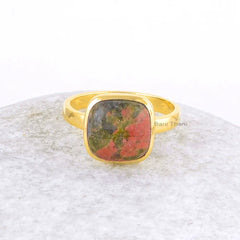 Unakite Cushion Silver Ring - 10mm Gemstone Ring - 18k Gold Plated Ring - Womens Jewelry - Gift for Bride - Handmade Ring - Gift for Lover