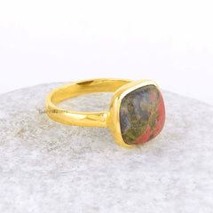 Unakite Cushion Silver Ring - 10mm Gemstone Ring - 18k Gold Plated Ring - Womens Jewelry - Gift for Bride - Handmade Ring - Gift for Lover