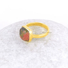Unakite Cushion Silver Ring - 10mm Gemstone Ring - 18k Gold Plated Ring - Womens Jewelry - Gift for Bride - Handmade Ring - Gift for Lover