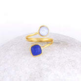 Lapis Lazuli Ring-Lapis Lazuli 7x7mm Cushion & Blue Lace Agate 6x6mm Round Sterling Silver Ring with 18K Gold Plating-Blue Lace Agate Ring