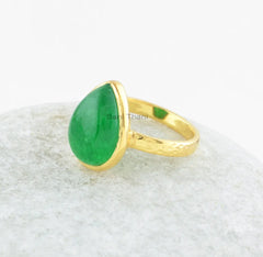 Aventurine Ring-Green Aventurine Pear 10x14mm Sterling Silver Ring With 18k Gold Plated-Sterling Silver Ring with Stone-Gemstone Ring