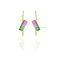 Tourmaline Quartz Earrings, Bi Tourmaline 6x18mm Baguette Gemstone Hoop Earring, Gold Plated Sterling Silver Earrings