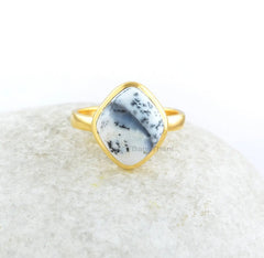 Dendritic Agate Gemstone Ring - 12x14mm Rounded Diamond - 925 Sterling Silver Ring - 18k Gold Plated Ring - Wedding Gift Ring - Gift for Her