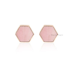 Pink Opal Stud Earrings - Gold Plated Studs - Solid Silver - 9x9mm Hexagon - Party Jewelry - Jewelry For The Traveler - Gift For Young Mom