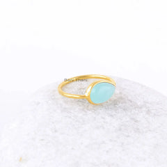Blue Chalcedony 8x12mm Pear Gemstone Ring for Women - Gold Plated Ring - Solid 925 Sterling Silver Christmas Gift Ring - Wedding Gift Rings