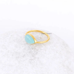 Blue Chalcedony 8x12mm Pear Gemstone Ring for Women - Gold Plated Ring - Solid 925 Sterling Silver Christmas Gift Ring - Wedding Gift Rings