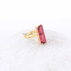 Pink Tourmaline Baguette 6x18mm Gemstone Ring-Tourmaline Ring-Micron Gold Plated Ring-Sterling Silver Ring-Boho Jewelry-Christmas Gift Ring