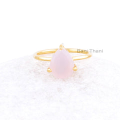 Chalcedony Ring, Pink Chalcedony 8x10mm Pear Gemstone Ring, 925 Sterling Silver Gold Plated Prong Set Ring, Anniversary Gift Ring For Her