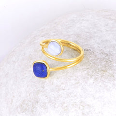 Lapis Lazuli Ring-Lapis Lazuli 7x7mm Cushion & Blue Lace Agate 6x6mm Round Sterling Silver Ring with 18K Gold Plating-Blue Lace Agate Ring