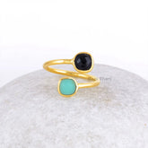 Black Onyx 6mm Cushion & Chrysoprase 6mm Cushion Ring - Gold Plated Ring - Solid Silver Ring - Adjustable Ring - Womens Ring - Gift for Her