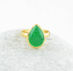 Aventurine Ring-Green Aventurine Pear 10x14mm Sterling Silver Ring With 18k Gold Plated-Sterling Silver Ring with Stone-Gemstone Ring