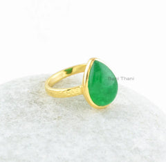 Aventurine Ring-Green Aventurine Pear 10x14mm Sterling Silver Ring With 18k Gold Plated-Sterling Silver Ring with Stone-Gemstone Ring