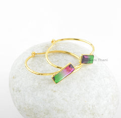 Tourmaline Quartz Earrings, Bi Tourmaline 6x18mm Baguette Gemstone Hoop Earring, Gold Plated Sterling Silver Earrings