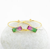 Tourmaline Quartz Earrings, Bi Tourmaline 6x18mm Baguette Gemstone Hoop Earring, Gold Plated Sterling Silver Earrings